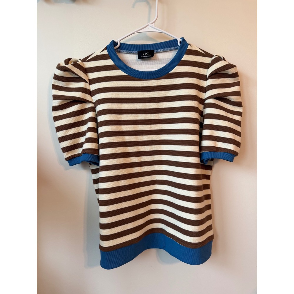 VICI Striped Puff Sleeve Knit Top Brown Cream Blue Trim XL